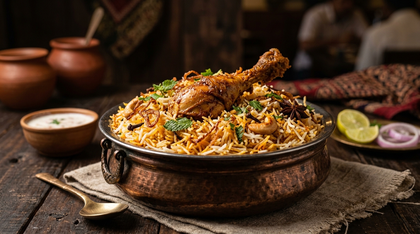 Authentic Hyderabadi Dum Biryani in Copper Handi